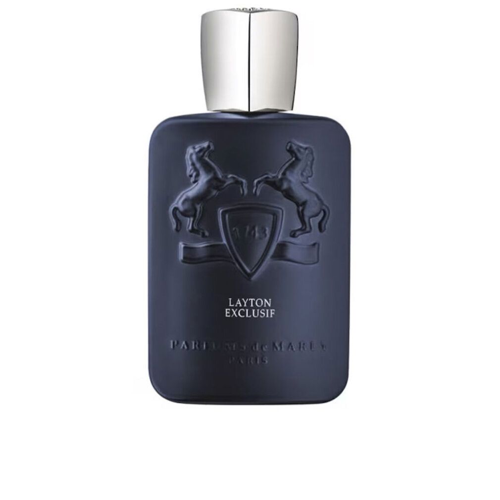 Flacone blu scuro con tappo argentato. Logo in rilievo e testo: LAYTON EXCLUSIF, PARFUMS de MARLY.