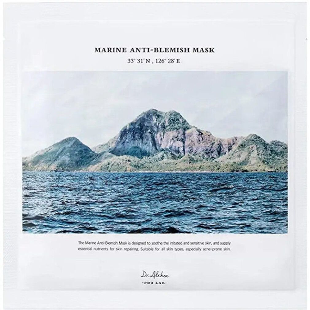Confezione di maschera viso con immagine di montagna e mare, coordinate e nome del marchio.