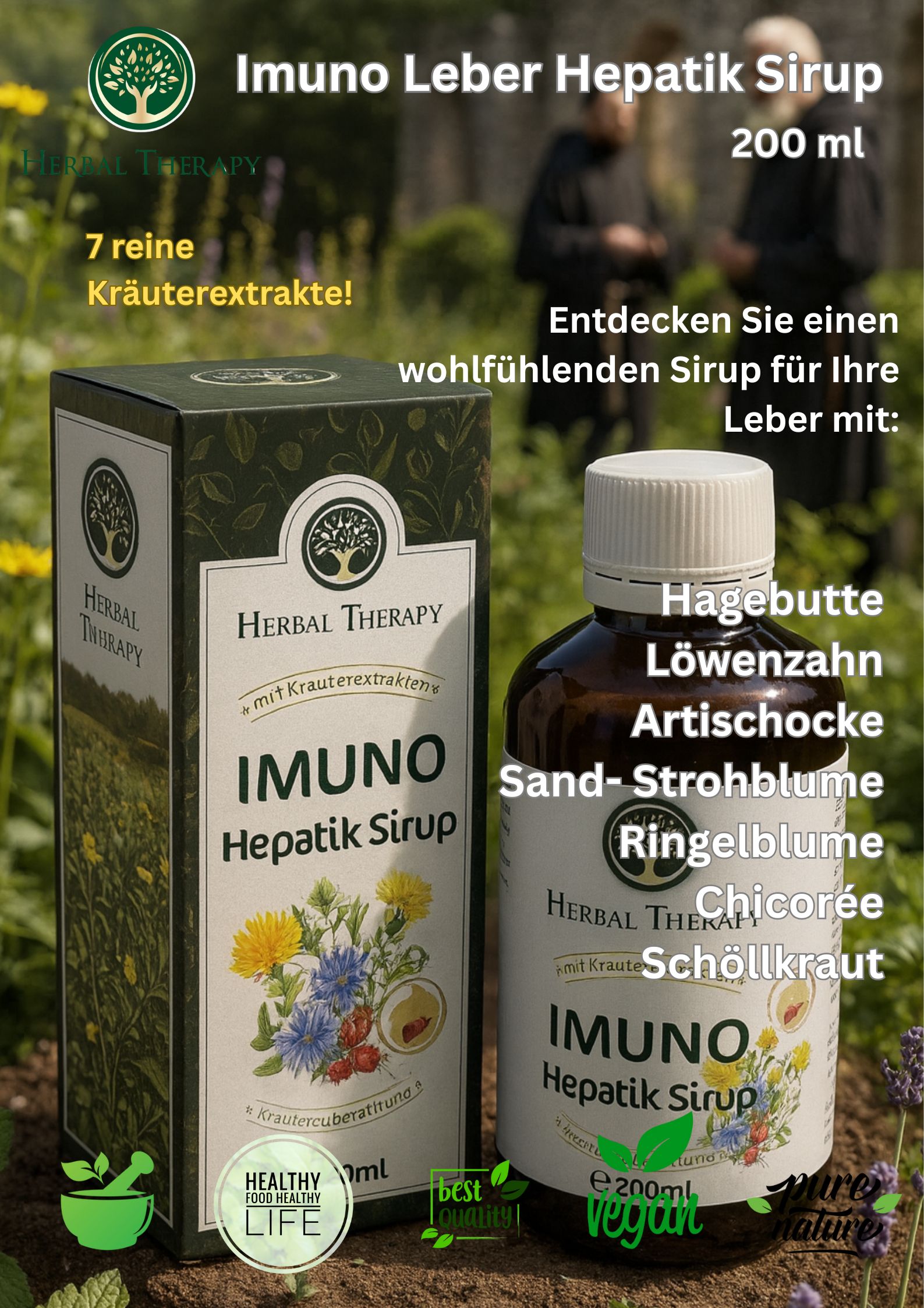 Prodotto con bottiglia e scatola. Scritta: IMUNO Hepatik Sirup. 200 ml. Herbal Therapy. Con erbe.