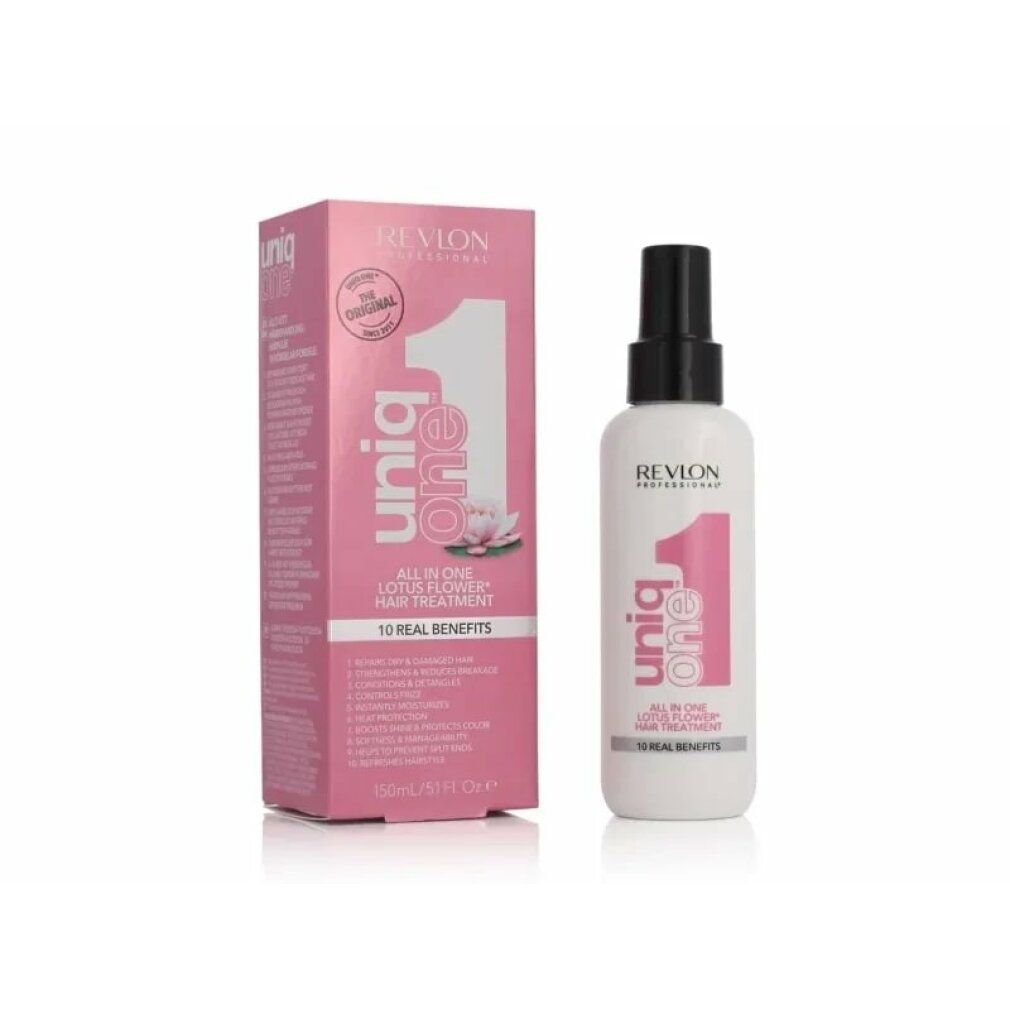 Prodotto con confezione. Flacone e scatola. Stampa rosa: Uniq One, Lotus Flower Hair Treatment. Marchio: Revlon.