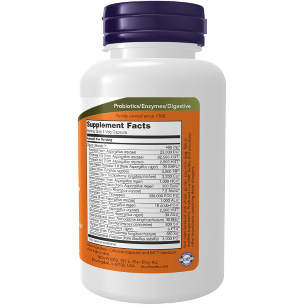 Flacone bianco con tappo viola, retro con informazioni nutrizionali per Probiotici/Enzimi/Digestivi.
