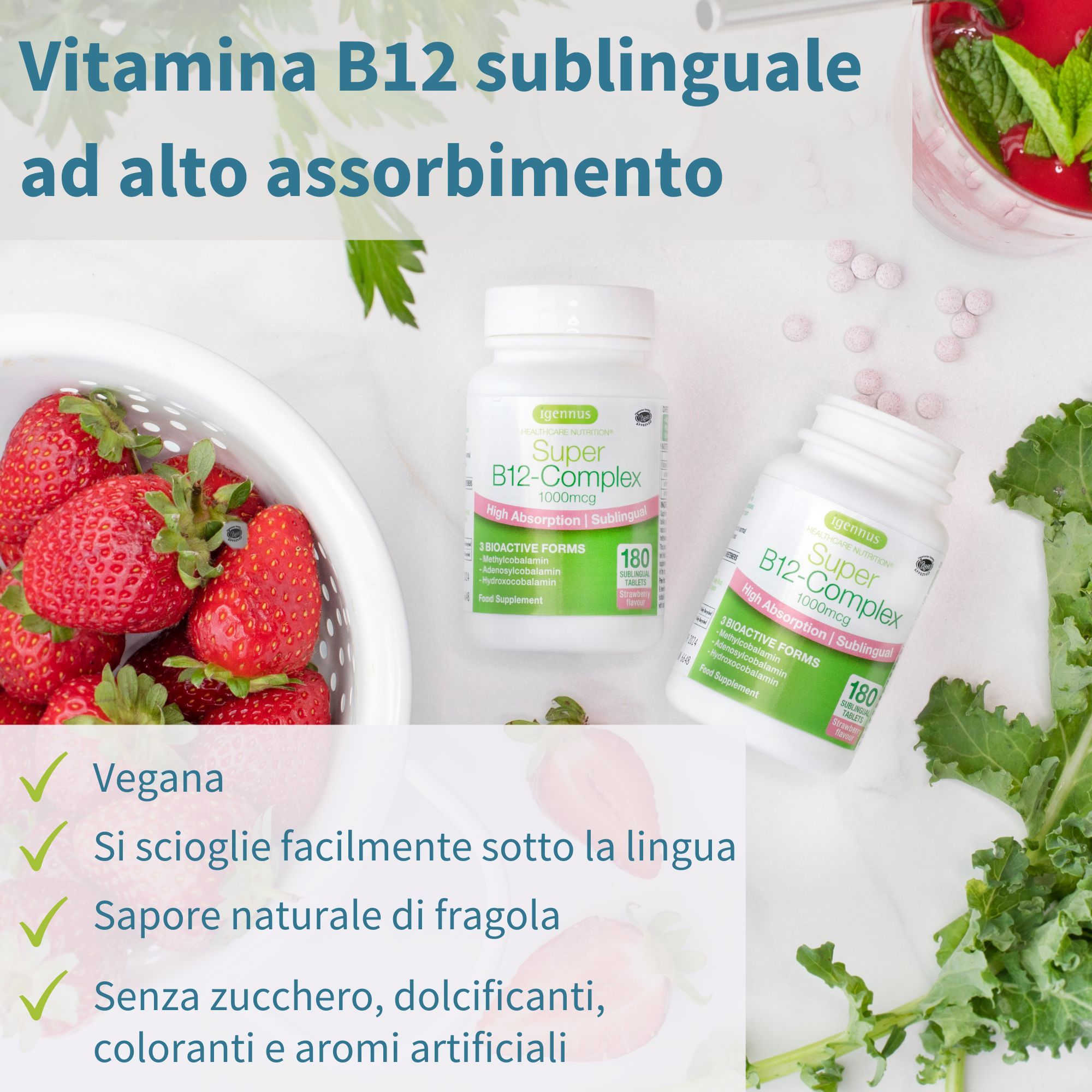 Due flaconi accanto a fragole. Testo: Vegano, si scioglie facilmente sotto la lingua, gusto naturale di fragola.
