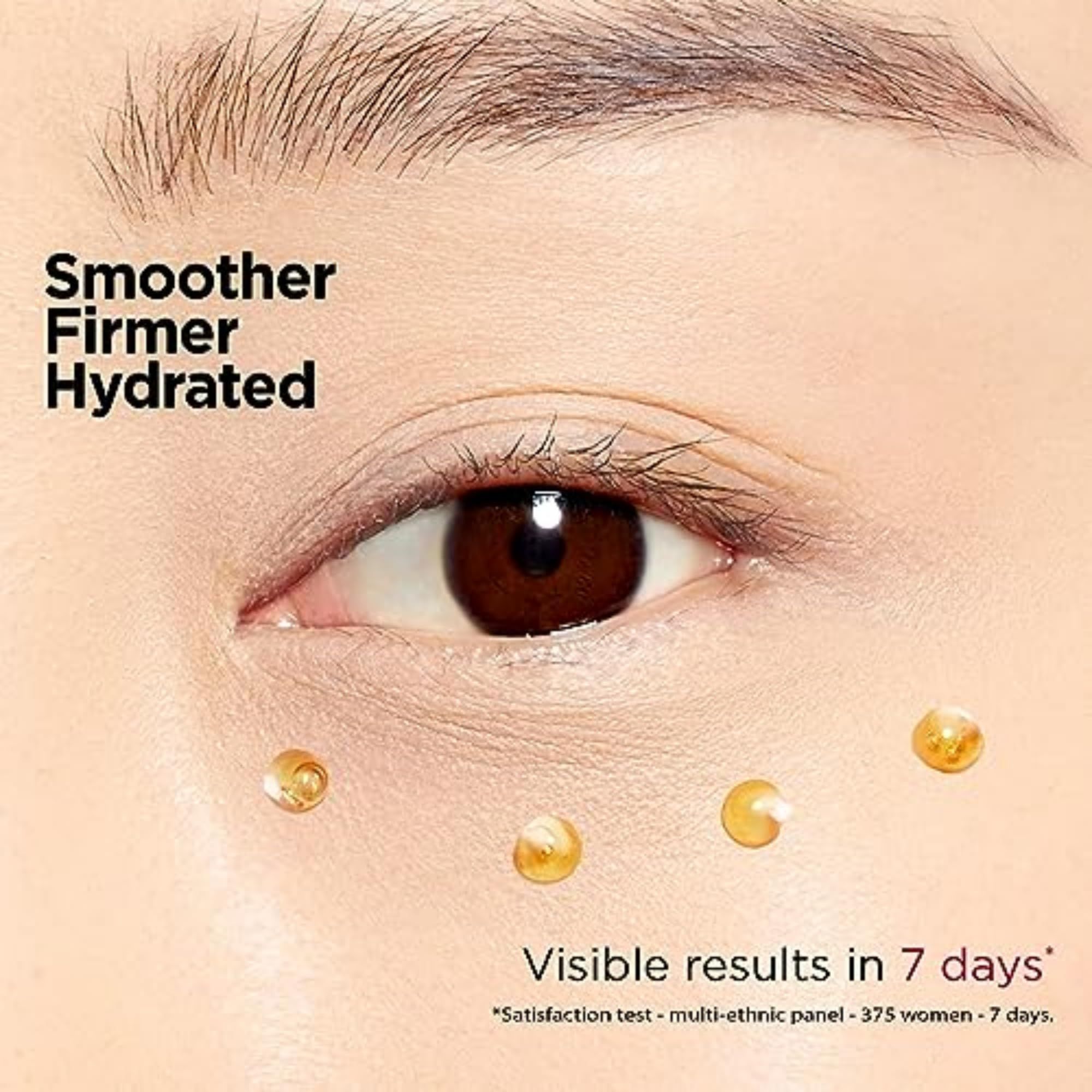 Occhio con gocce di siero. Testo: Smoother, Firmer, Hydrated. Risultati visibili in 7 giorni.