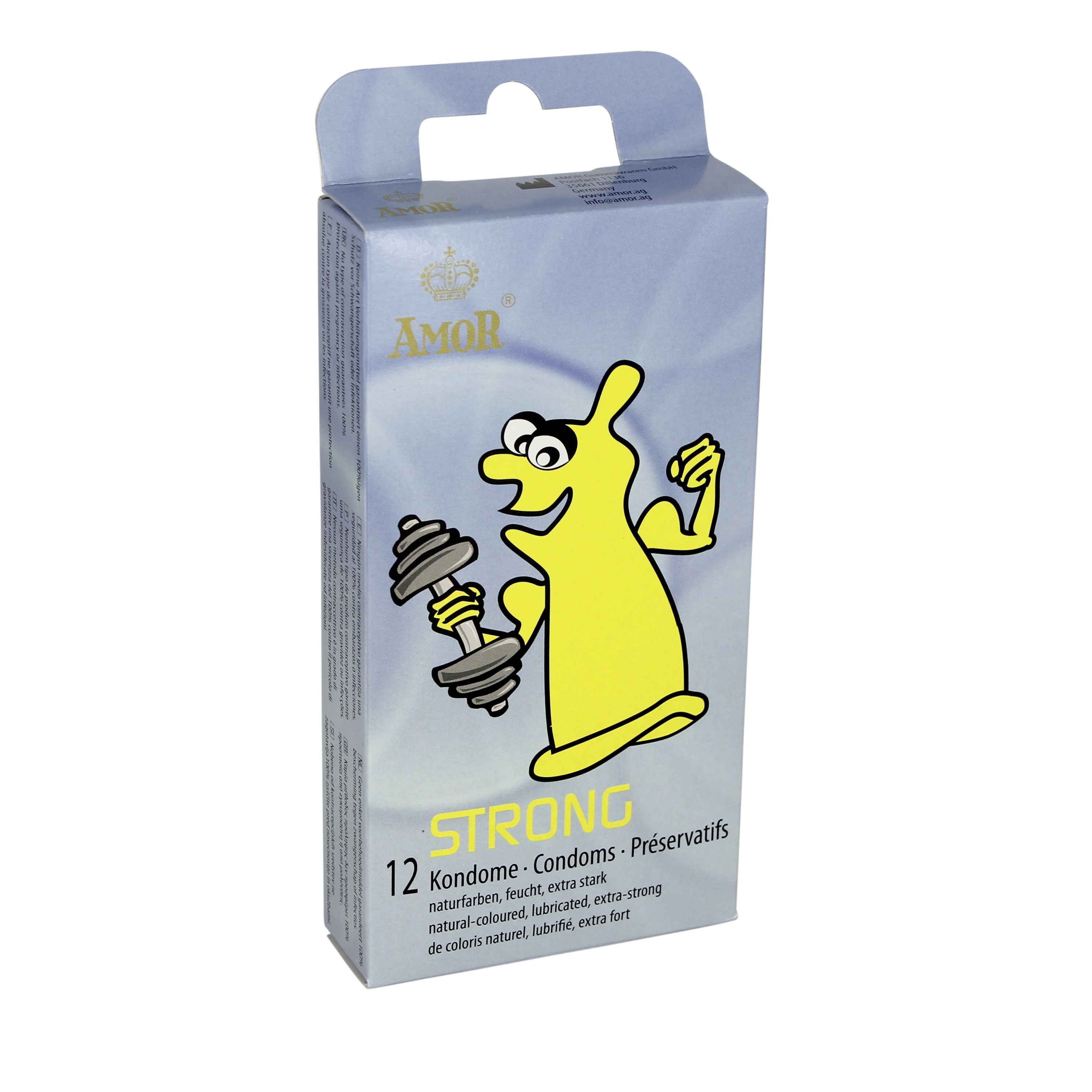 Scatola di preservativi AMOR STRONG, 12 pezzi. Personaggio giallo con manubrio. Scritta: AMOR, STRONG.