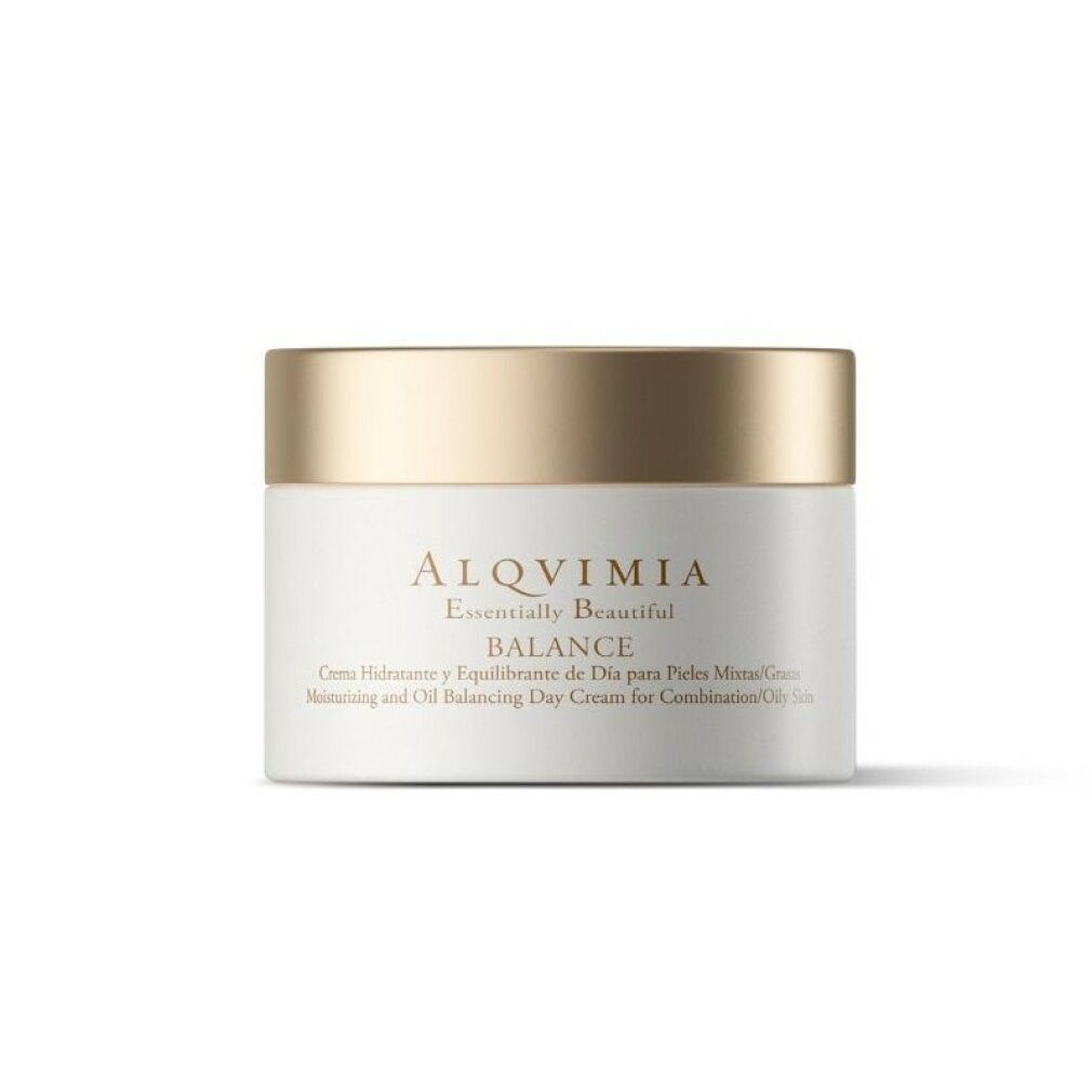 Vasetto di crema con coperchio dorato. Scritta: ALQVIMIA, BALANCE, crema idratante per pelli miste/grasse.