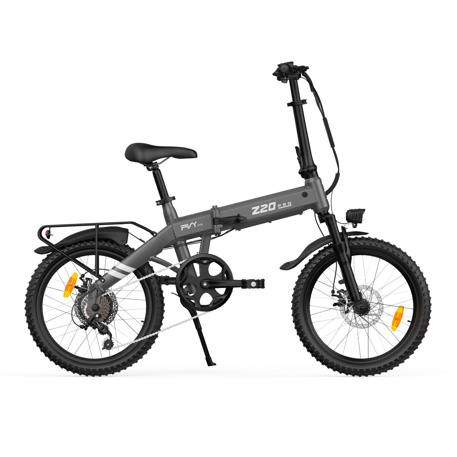 E-bike pieghevole grigio con sella, manubrio e pneumatici neri. Portapacchi posteriore. Logo PVY.