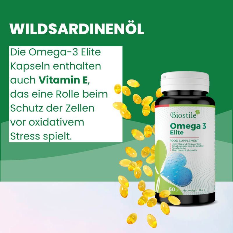 Biostile Omega 3 Elite. Bottiglia con capsule. Contiene vitamina E. Testo sulla protezione delle cellule dallo stress ossidativo.