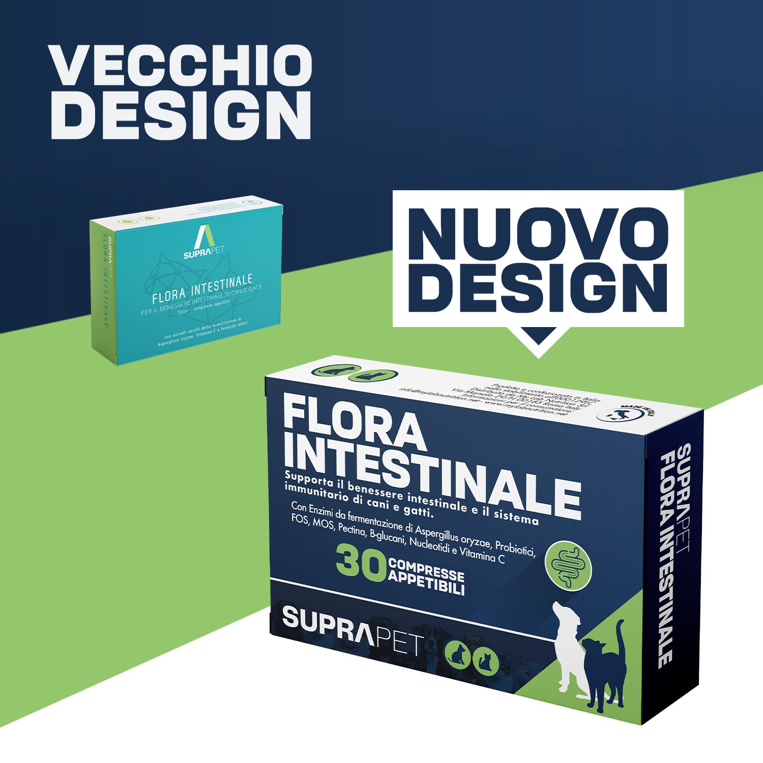 Confronto tra il vecchio e il nuovo design della confezione. Entrambi mostrano il nome e il logo del prodotto.