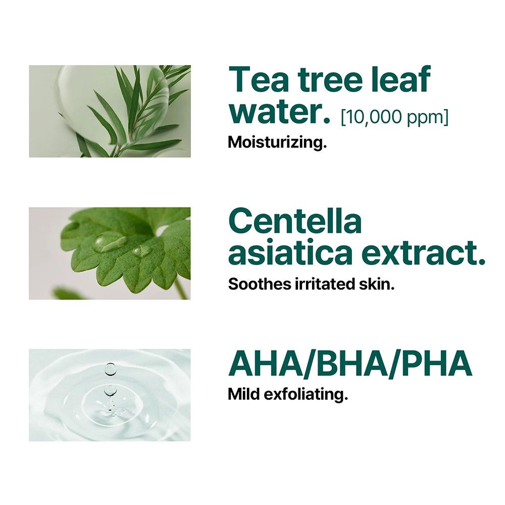 Tre immagini con testo. Mostrano acqua di foglie di tea tree, estratto di Centella Asiatica e AHA/BHA/PHA.