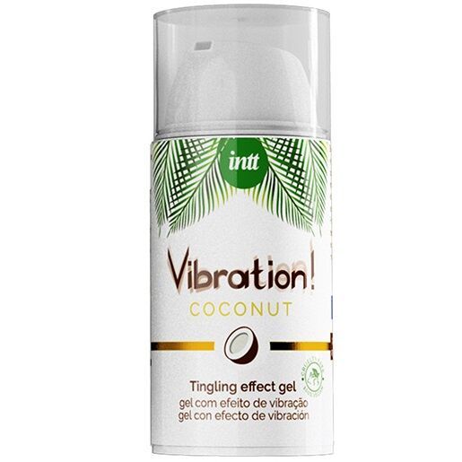 Dispenser bianco con scritta Vibration! Coconut. Confezione verde e bianca con simbolo cocco. Testo: Tingling effect gel.