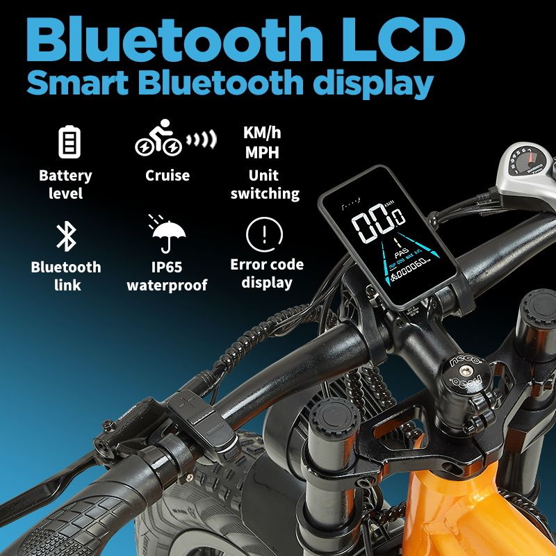 Display LCD Bluetooth. Mostra livello batteria, Cruise, KM/h, MPH, collegamento Bluetooth, impermeabilità IP65 e codice errore.