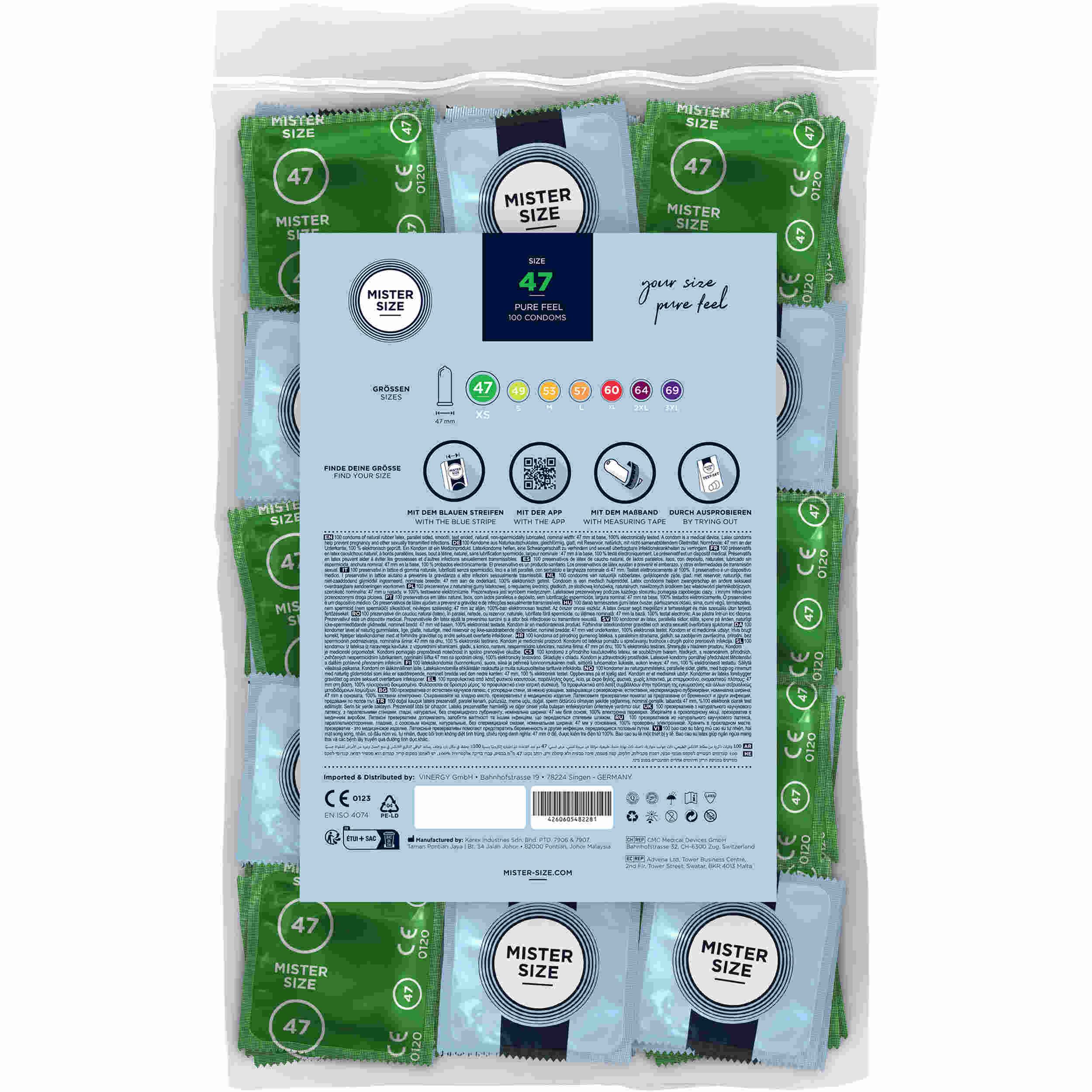 Confezione di preservativi. Preservativi singoli verdi e blu. Scritta: Mister Size 47.