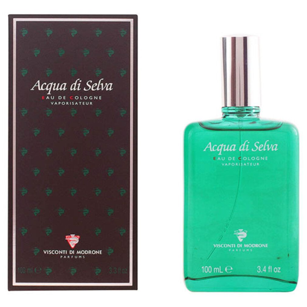 Flacone e scatola. Scritta: Acqua di Selva, Eau de Cologne, Vaporisateur. Flacone verde, scatola marrone con motivo.