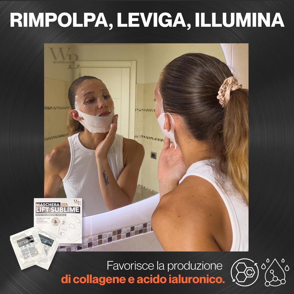 Donna con maschera viso e mento. Testo: Maschera Lift Sublime. Logo WellBeauty. Confezione e bustine.