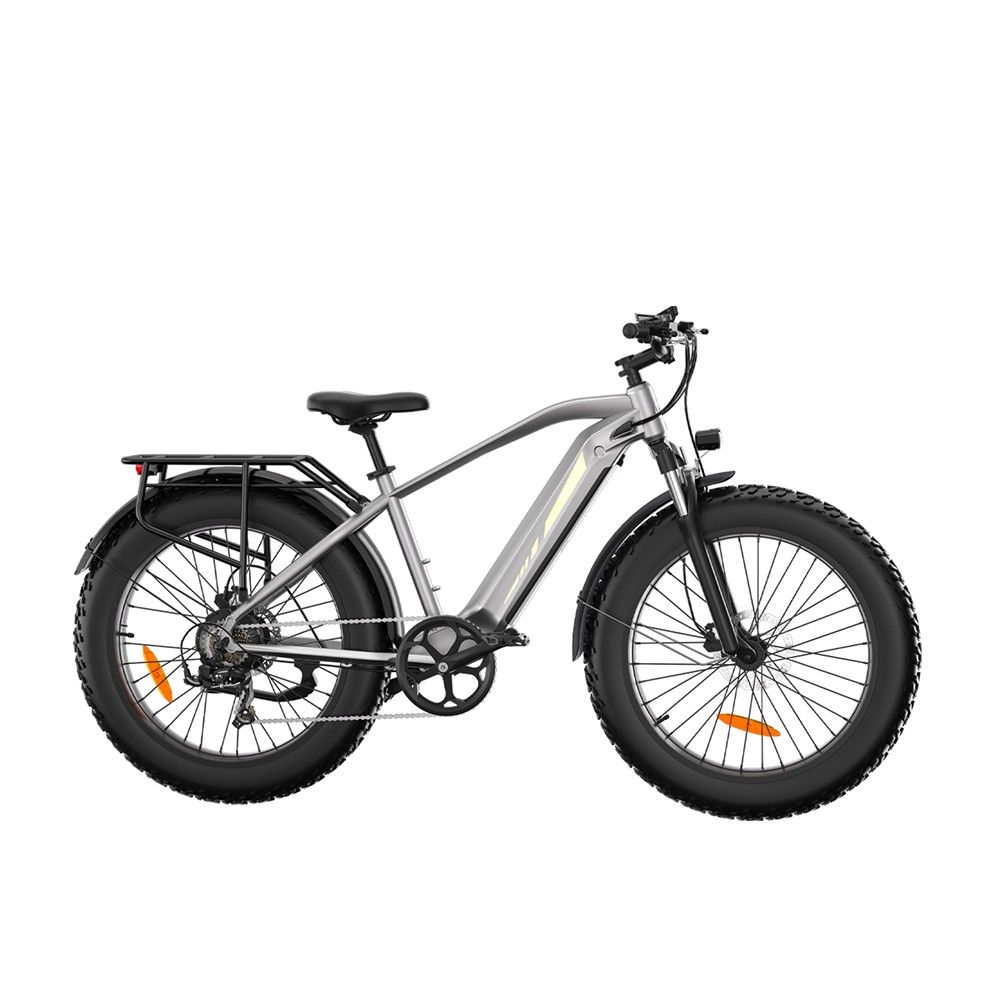Mountain bike elettrica grigia, pneumatici neri, portapacchi. Vista laterale, sfondo bianco.