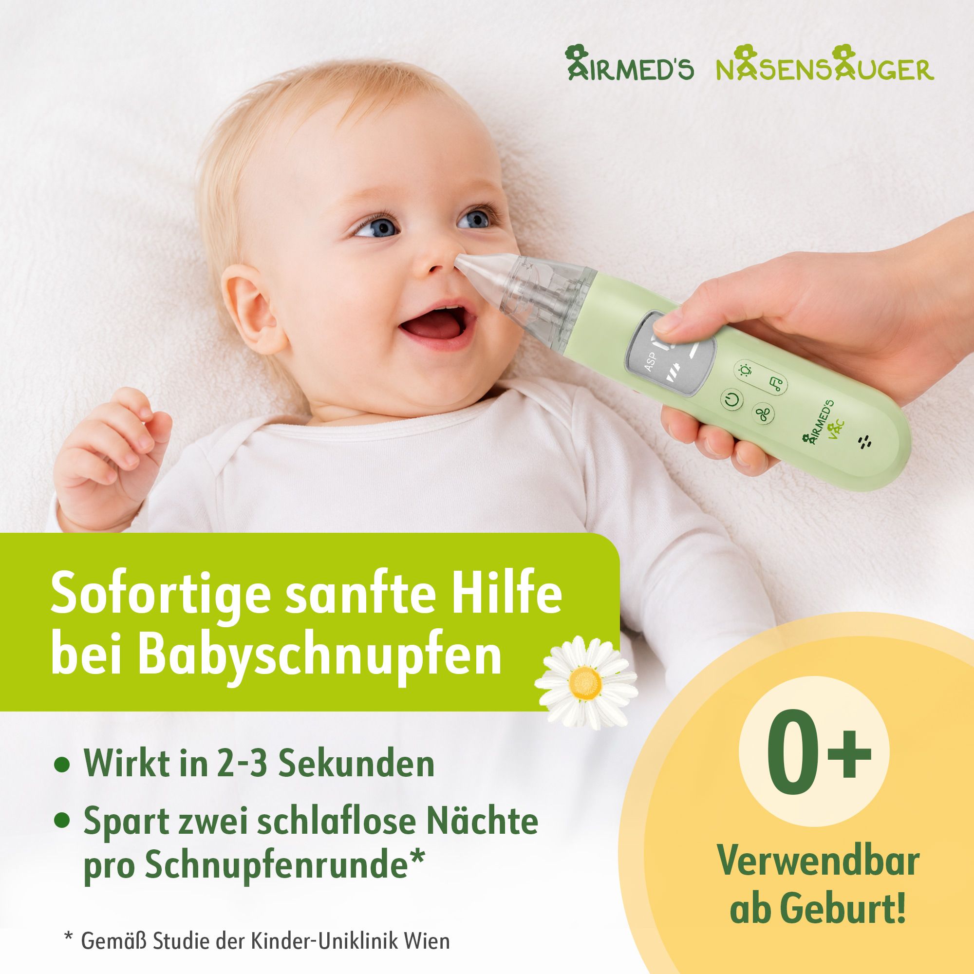 Bambino con aspiratore nasale, che promette un aiuto delicato contro il raffreddore dei neonati. Utilizzabile dalla nascita.