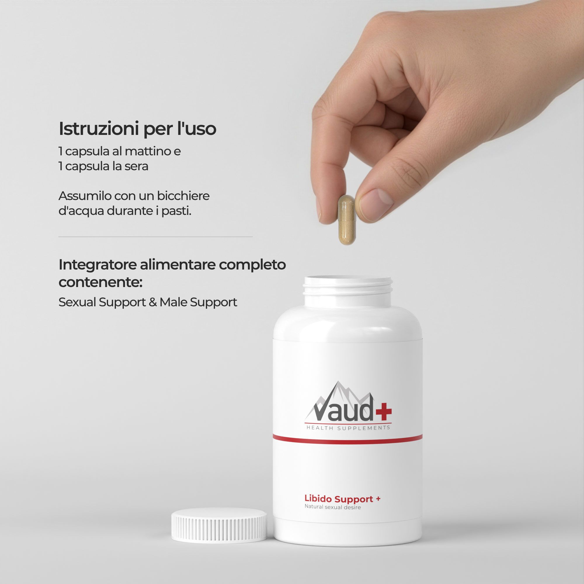 Mano mette capsula in flacone. Testo: Istruzioni per l'uso. Vaud+ Libido Support.