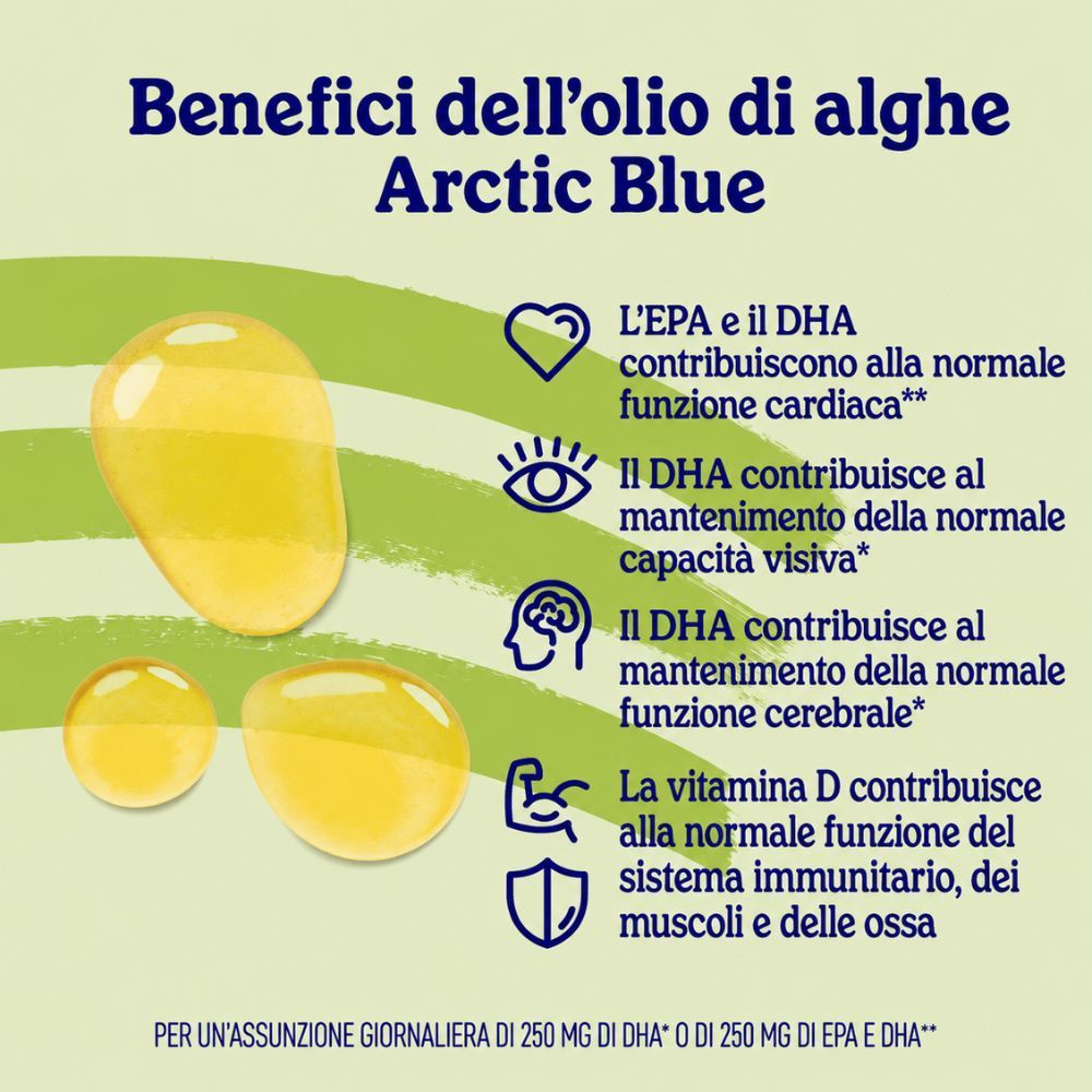 Flacone di olio di alghe Omega 3 al limone, sigillo V-Label Vegan e informazioni sugli ingredienti.