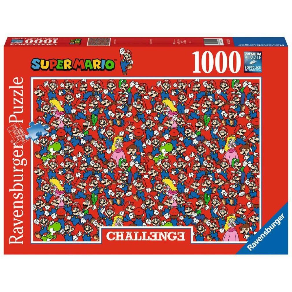 Puzzle Super Mario, 1000 pezzi. Confezione rossa con logo e personaggi. Marchio Ravensburger.