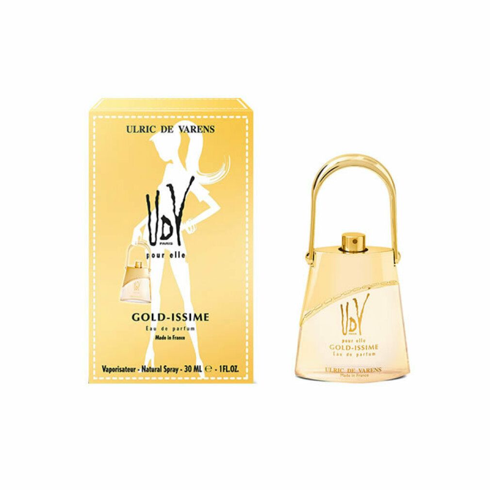 Scatola dorata e flacone di profumo. Scritta: Ulric de Varens, Gold Issime, UBV pour elle. Flacone con manico dorato.