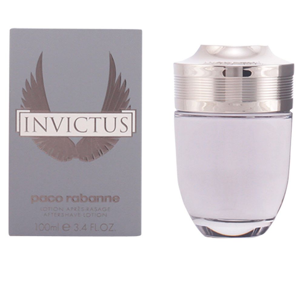 Scatola grigia e flacone. Flacone con tappo argentato e liquido azzurro. Logo "Invictus" sulla scatola.