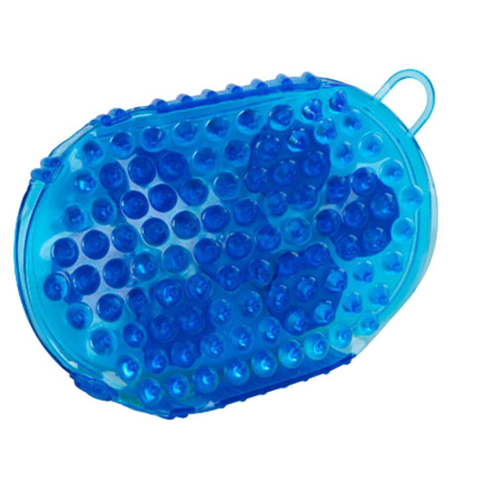 Spazzola massaggiante blu con borchie. Ovale, con manico. In plastica trasparente.