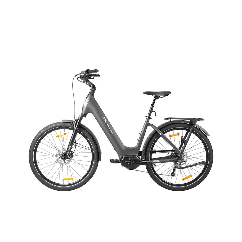 Bicicletta elettrica grigia con pneumatici e parafanghi neri. Portapacchi posteriore. Riflettori gialli sulle ruote.