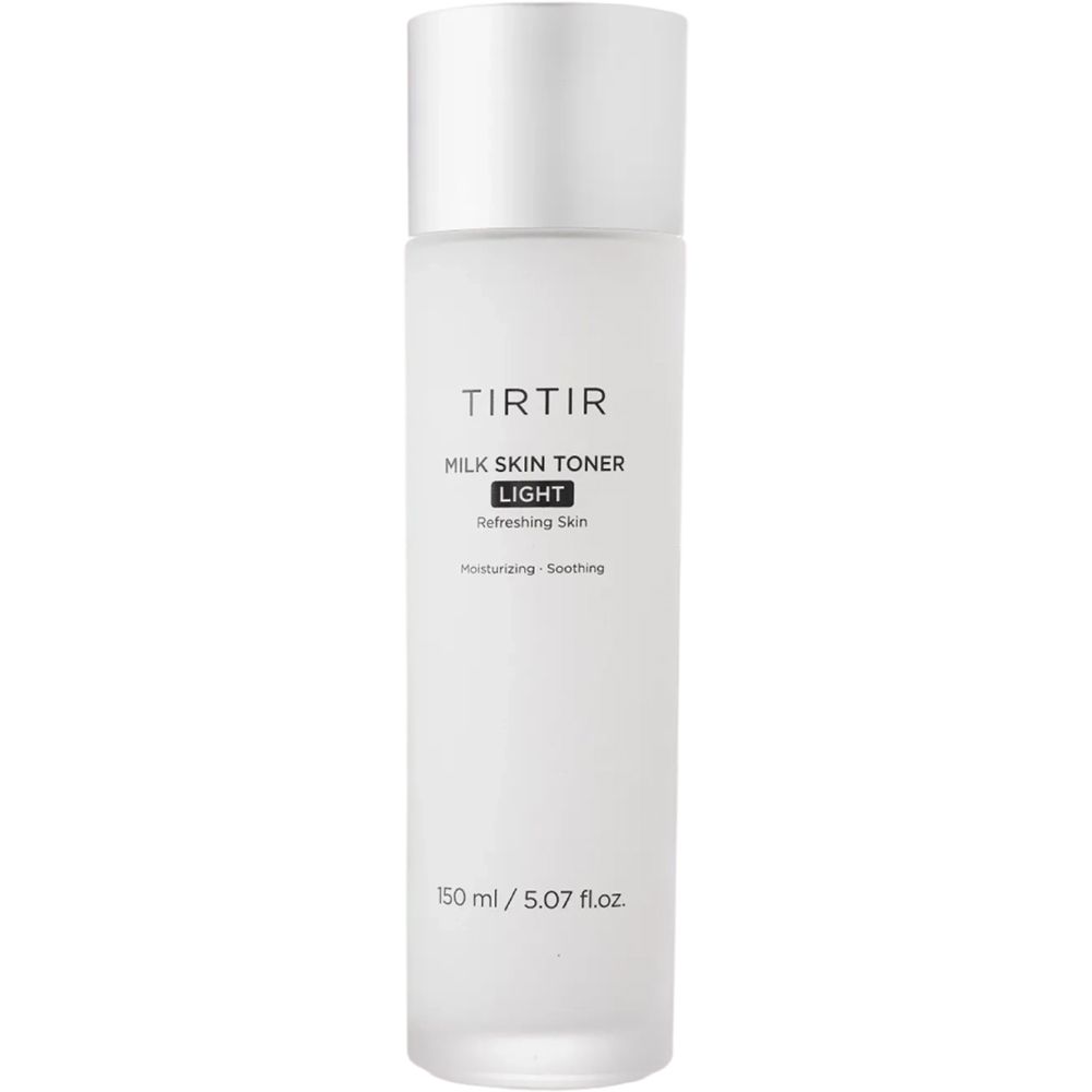 TIRTIR Milk Skin Toner Light. Flacone bianco, tappo argento. Testo: Moisturizing, Soothing. 150 ml / 5.07 fl.oz.