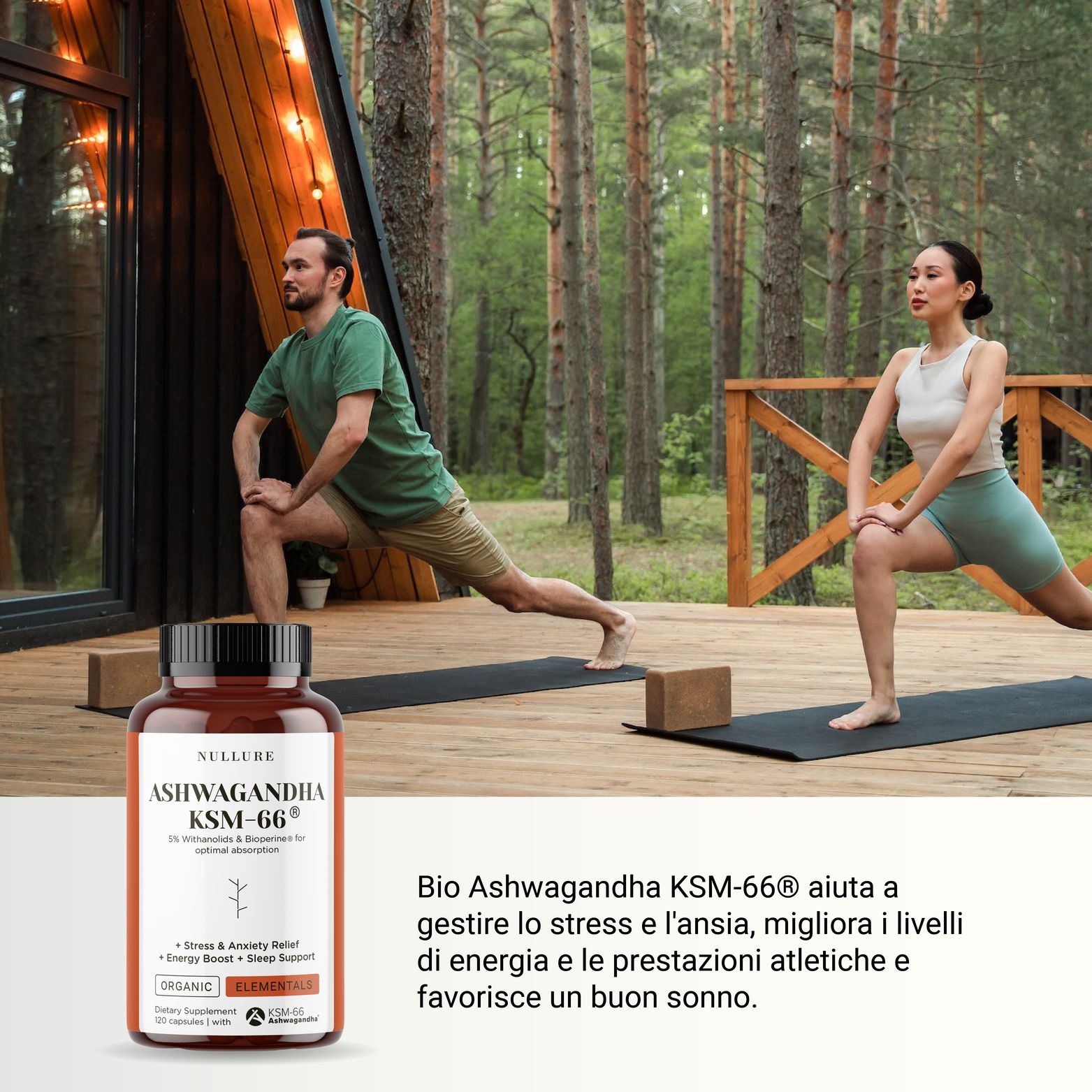 Due persone si allenano all'aperto. Accanto, un flacone di capsule. Testo: Bio Ashwagandha KSM-66 aiuta con stress, ansia, energia e sonno.
