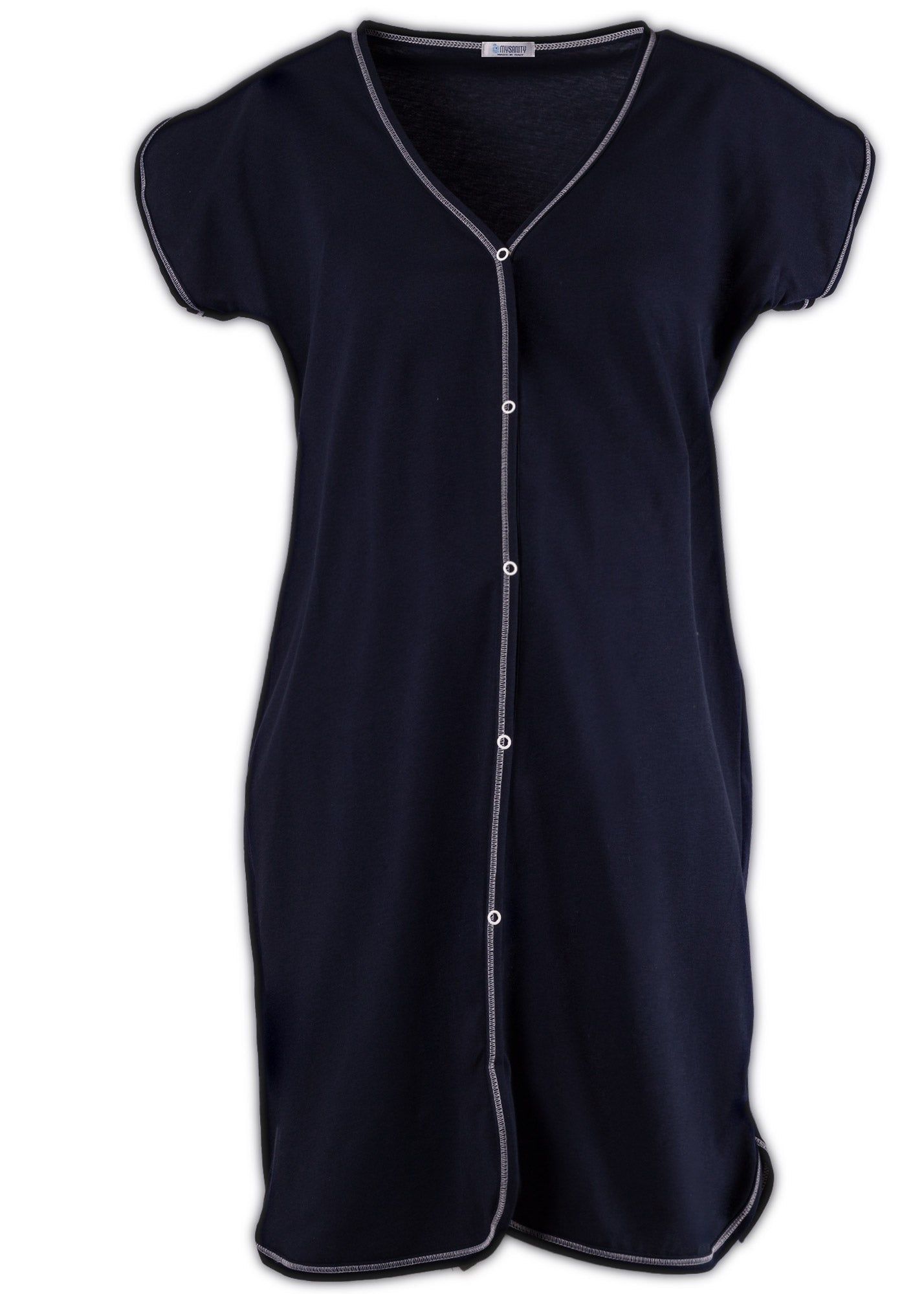 Camicia premaman MYSANITY® blu. Abito a maniche corte con bottoni e cuciture bianche. Scollo a V.