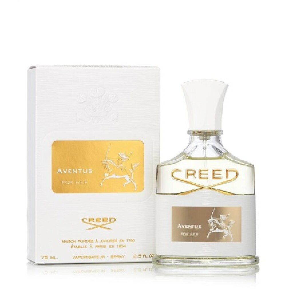 Flacone di profumo e confezione. Flacone con tappo bianco, etichetta dorata e testo. Confezione con logo e testo.