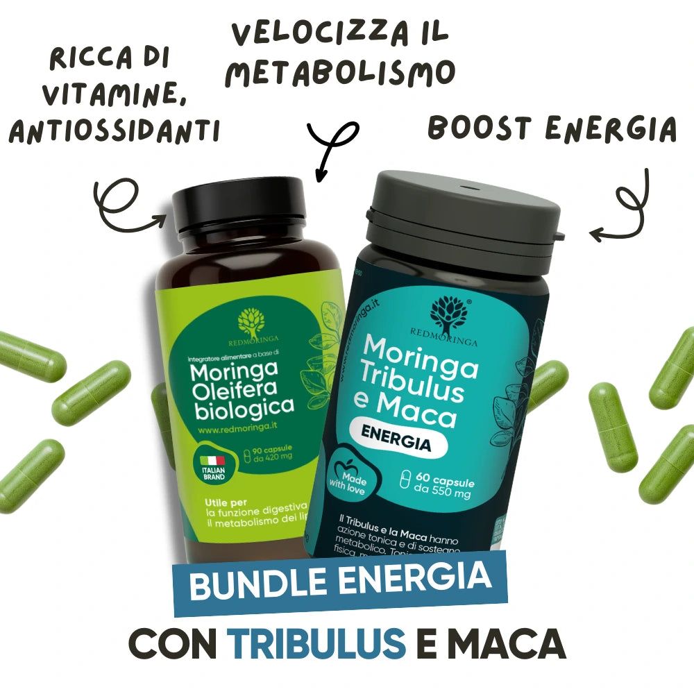 Due flaconi di capsule. Scritte: Moringa Oleifera biologica e Moringa Tribulus e Maca. Capsule verdi accanto.