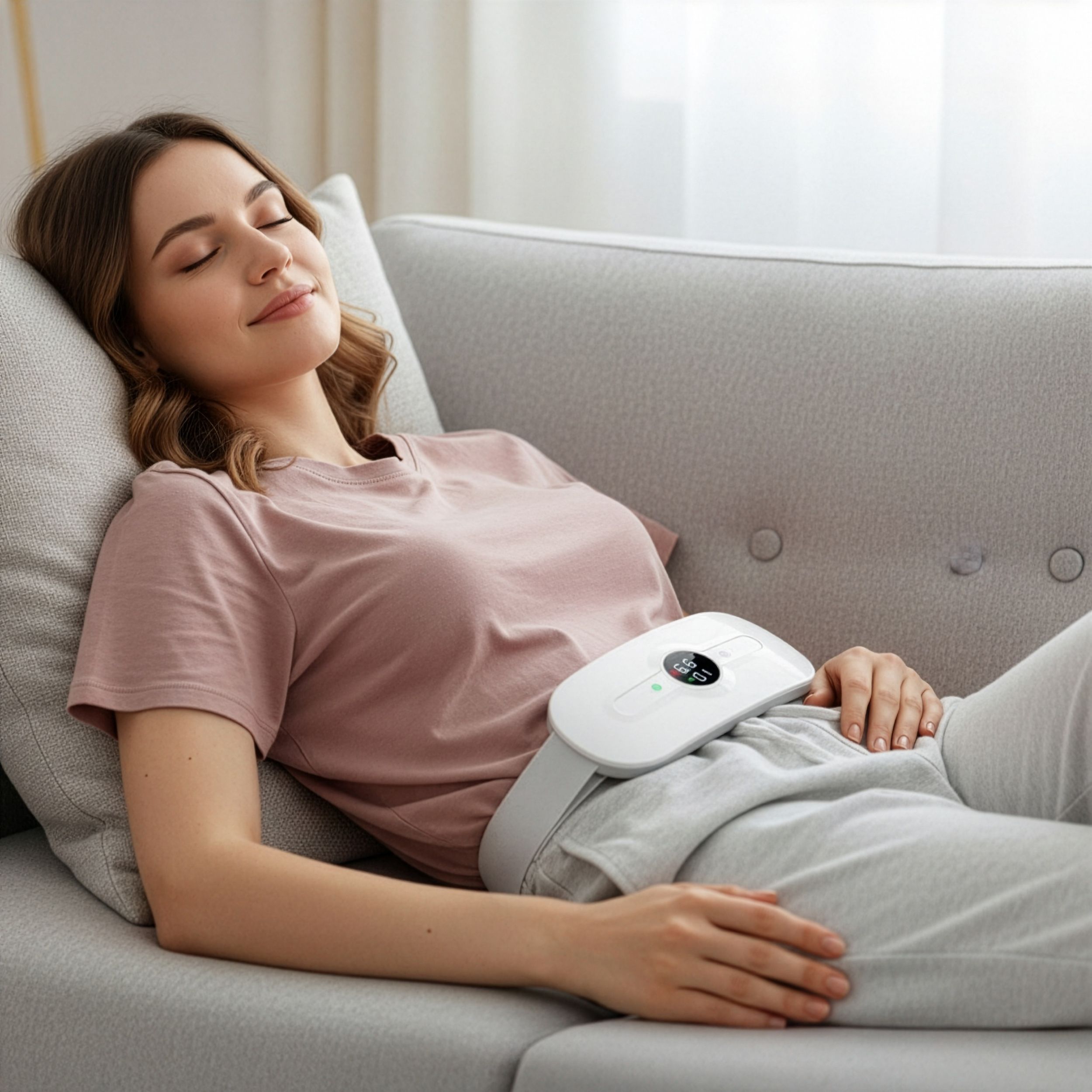 Cintura riscaldante bianca con display, indossata da una donna. La cintura è indossata intorno all'addome.