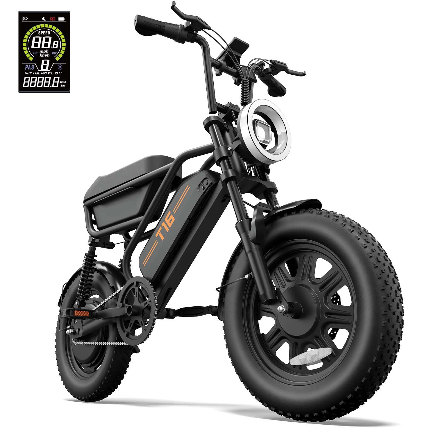 E-bike nera con pneumatici larghi, scritta T16, faro anteriore e display digitale.