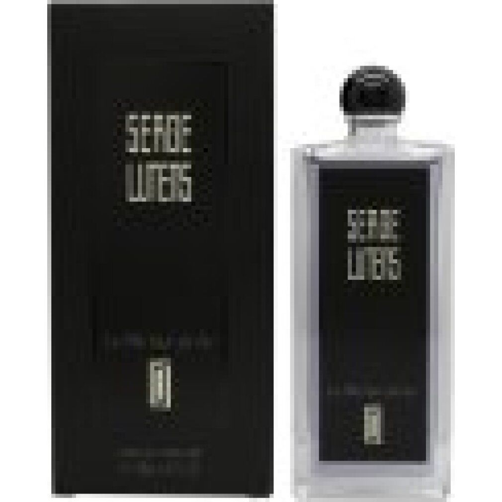 Flacone e scatola Serge Lutens. Scatola nera con testo bianco. Flacone rettangolare con tappo nero.