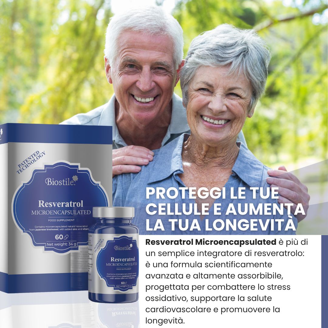 Coppia anziana sorridente. Sullo sfondo: confezione e flacone del prodotto. Scritta: Biostile Resveratrol Microencapsulated. 60 capsule.