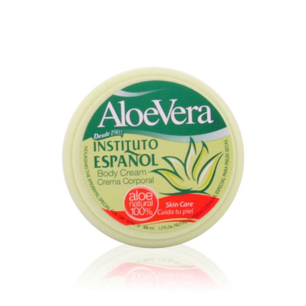 Barattolo rotondo verde. Scritta: Aloe Vera, Instituto Español, Body Cream. Per pelli secche.