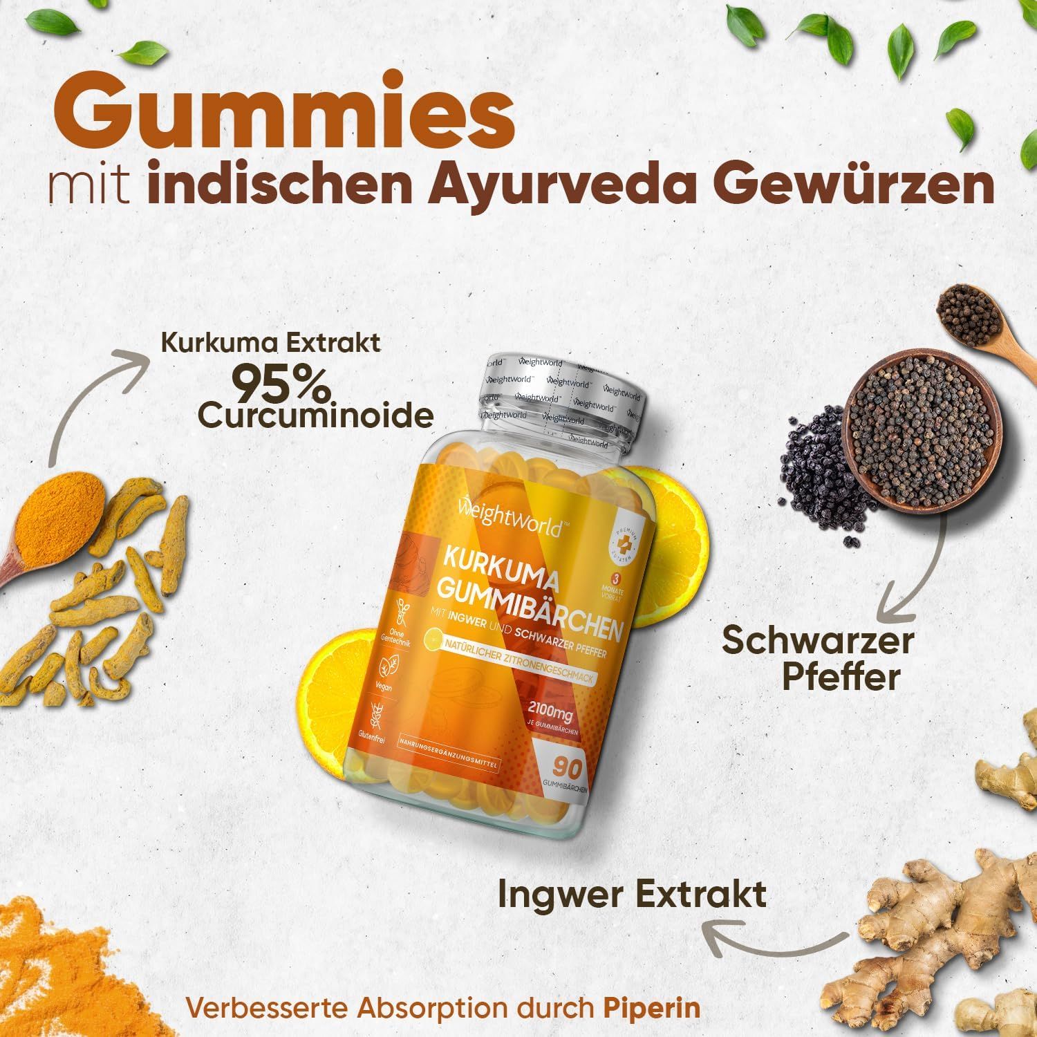 Caramelle gommose al curcuma, 90 pezzi, con estratto di curcuma, estratto di zenzero e pepe nero. Ingredienti illustrati.