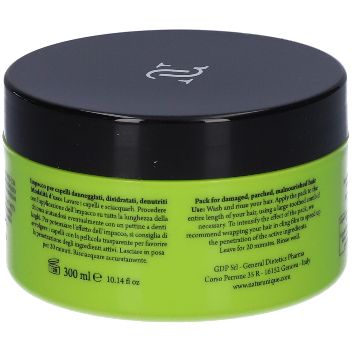 Vaso verde con coperchio nero. Scritta: 300 ml, 10.14 fl oz. Testo in italiano e inglese.