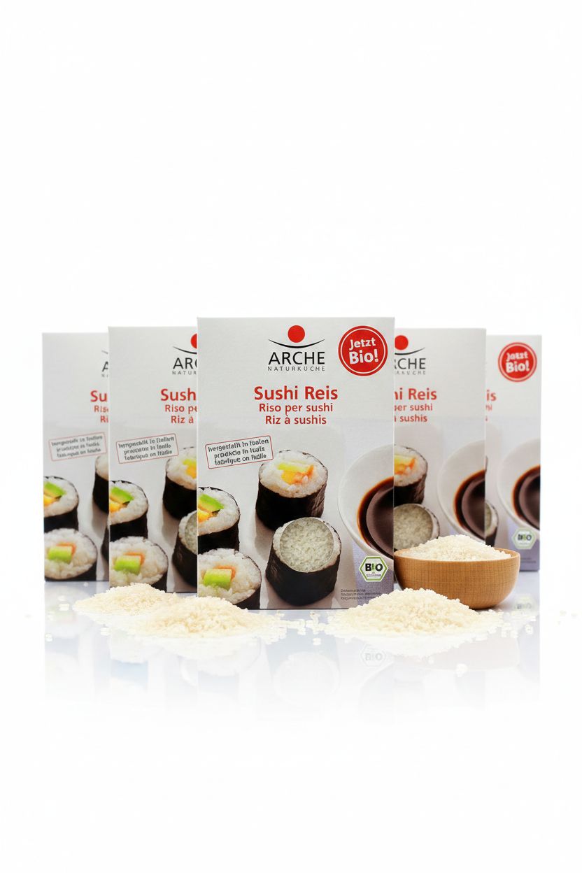 Confezioni di riso per sushi Arche con immagini di sushi e salsa di soia. Chicchi di riso sciolti sono disposti davanti.