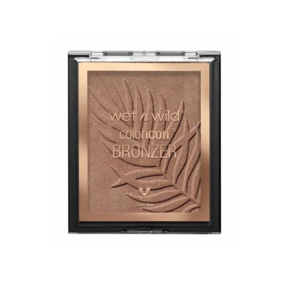 Bronzer con motivo a foglia. Marchio e nome del prodotto visibili. Logo cruelty-free.