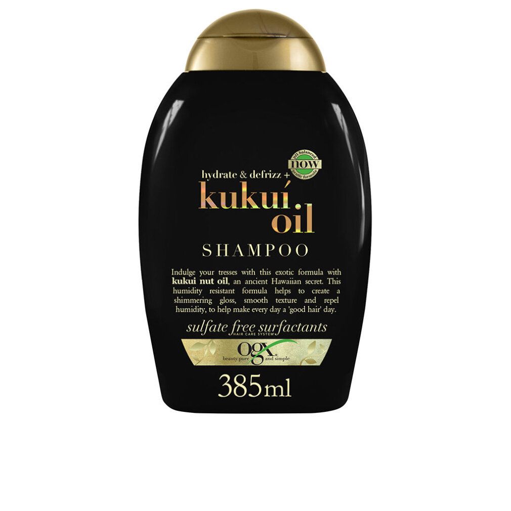 Flacone di shampoo nero con tappo dorato. Scritta: Kukui Oil Shampoo. Volume: 385ml.