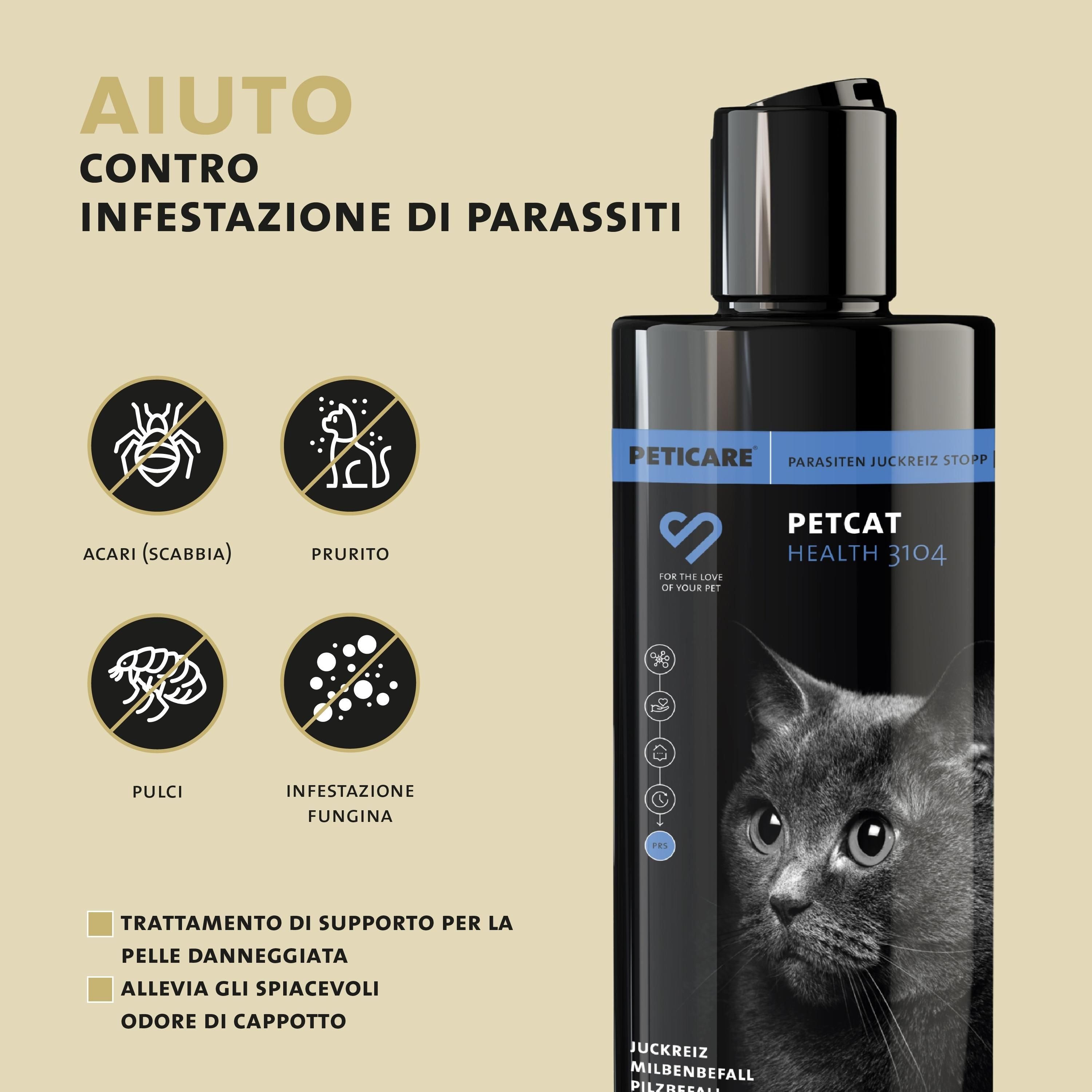 Flacone shampoo Peticare con icone: acari, prurito, pulci, micosi.