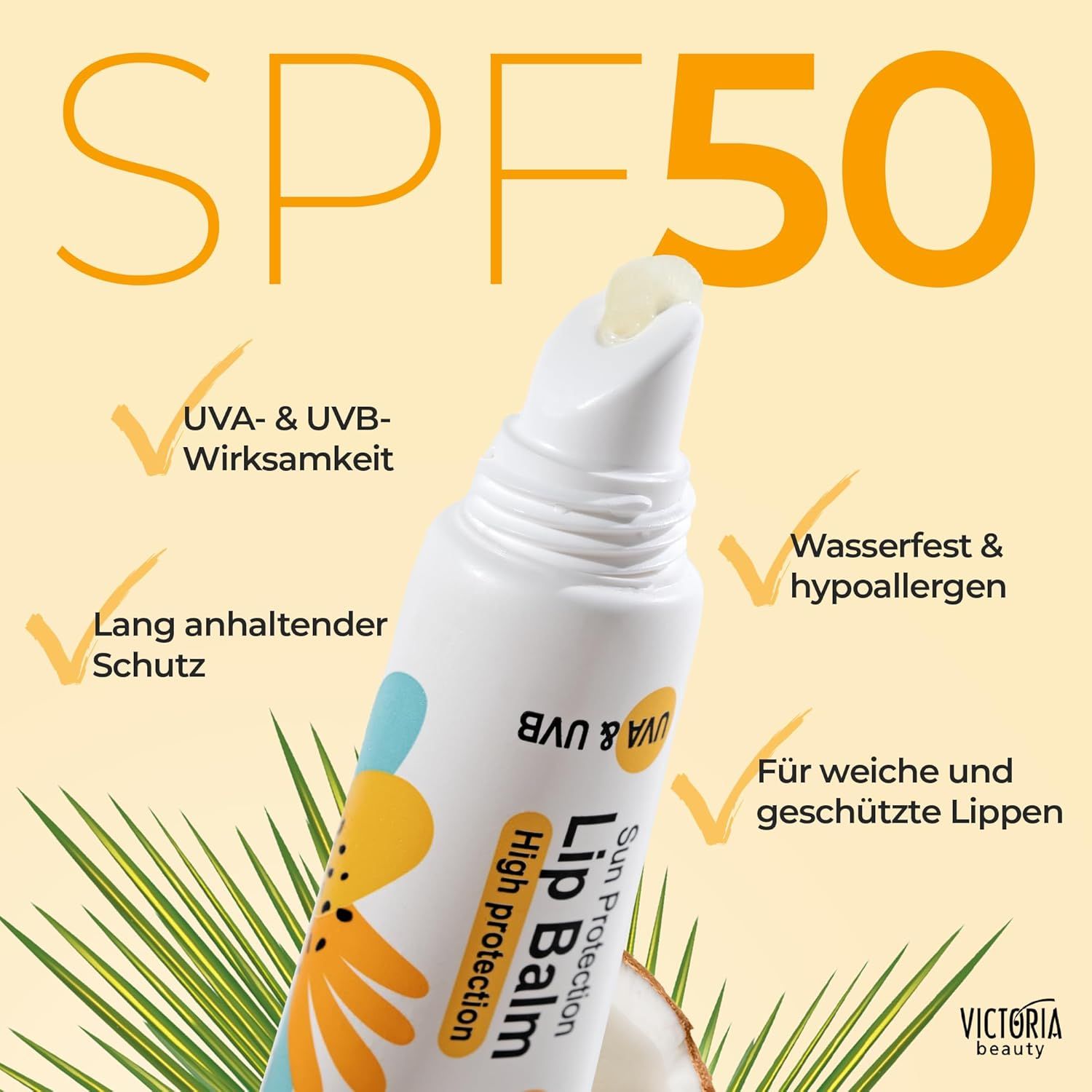Balsamo labbra Victoria Beauty, SPF 50. Tubo con prodotto. Testo: SPF 50. Efficacia UVA & UVB, resistente all'acqua, per labbra morbide.