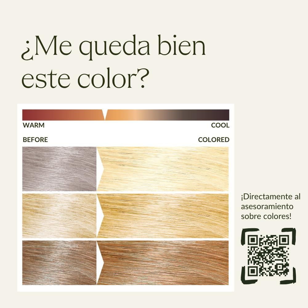 Confronto dei colori dei capelli. Scala cromatica da caldo a freddo. Esempi di capelli colorati. Codice QR per la consulenza.