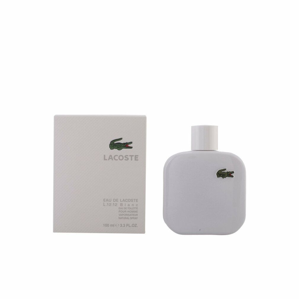 Flacone di profumo bianco e scatola. Flacone quadrato, bianco con coccodrillo verde. Scatola con logo e testo: Eau de Lacoste L.12.12 Blanc.