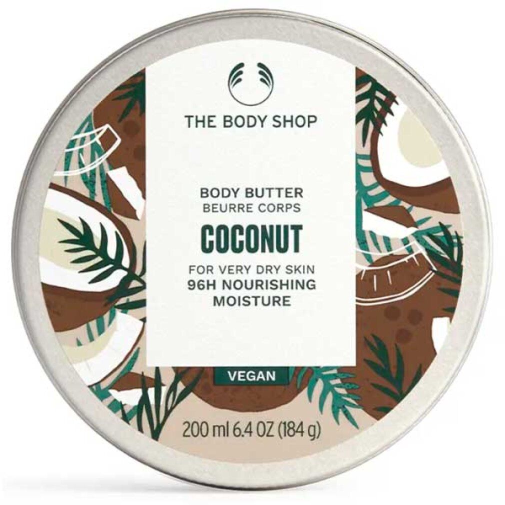 Barattolo rotondo di burro corpo, design cocco. Scritta: The Body Shop, Body Butter, Coconut, per pelli molto secche, vegano. Contenuto: 200 ml.