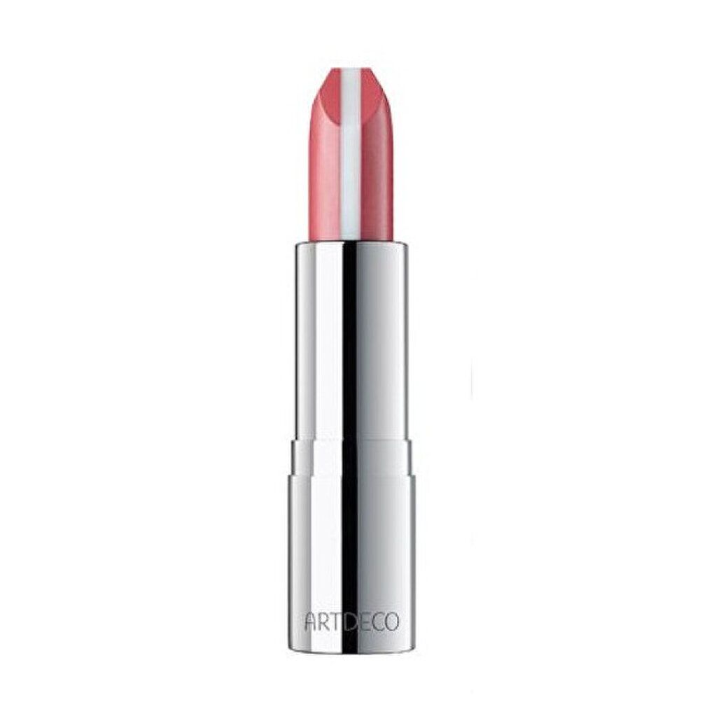 Rossetto rosa con striscia bianca centrale. Astuccio argentato con ARTDECO. Primo piano.
