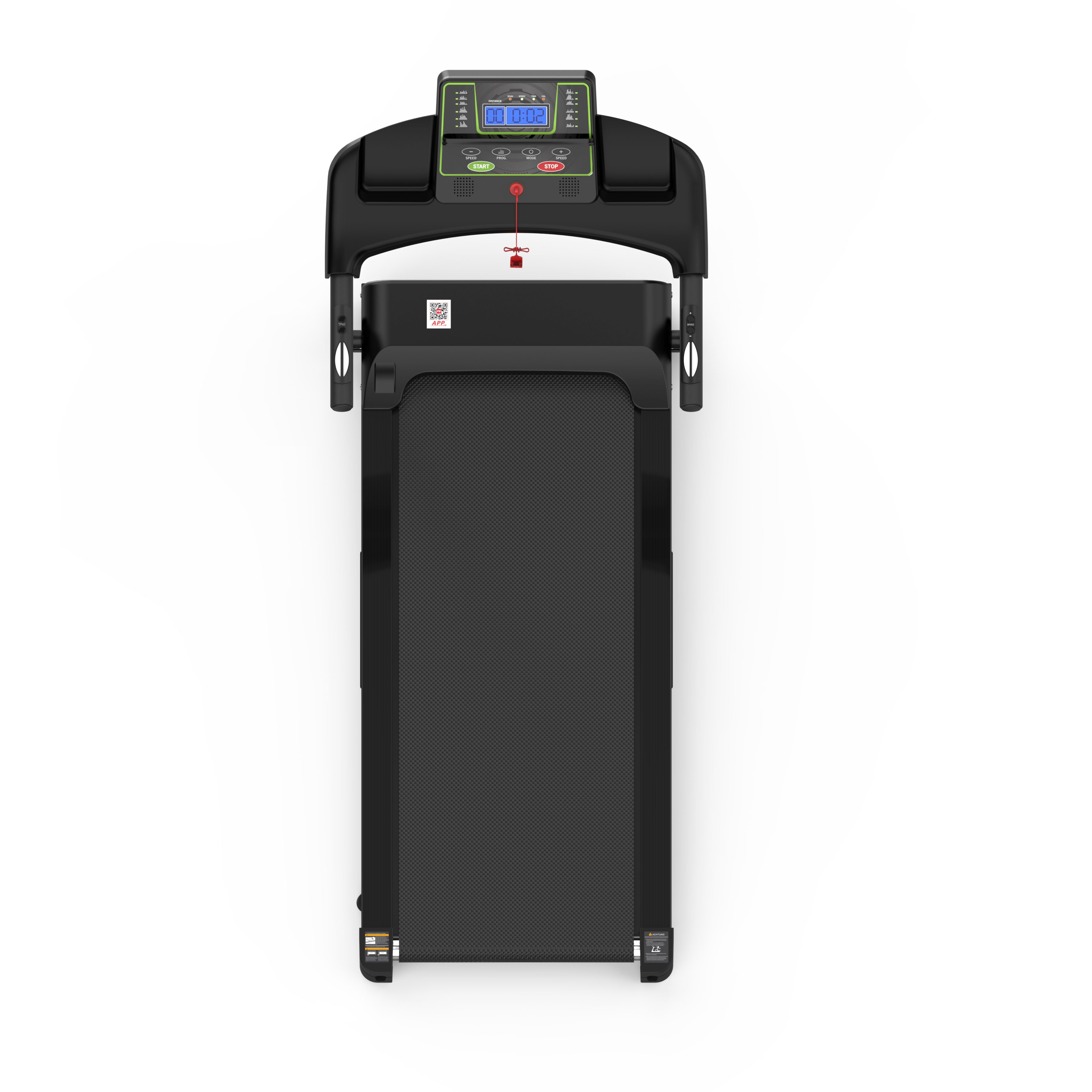 Vista dall'alto del tapis roulant piegato. Console con display. Clip di sicurezza rosso.