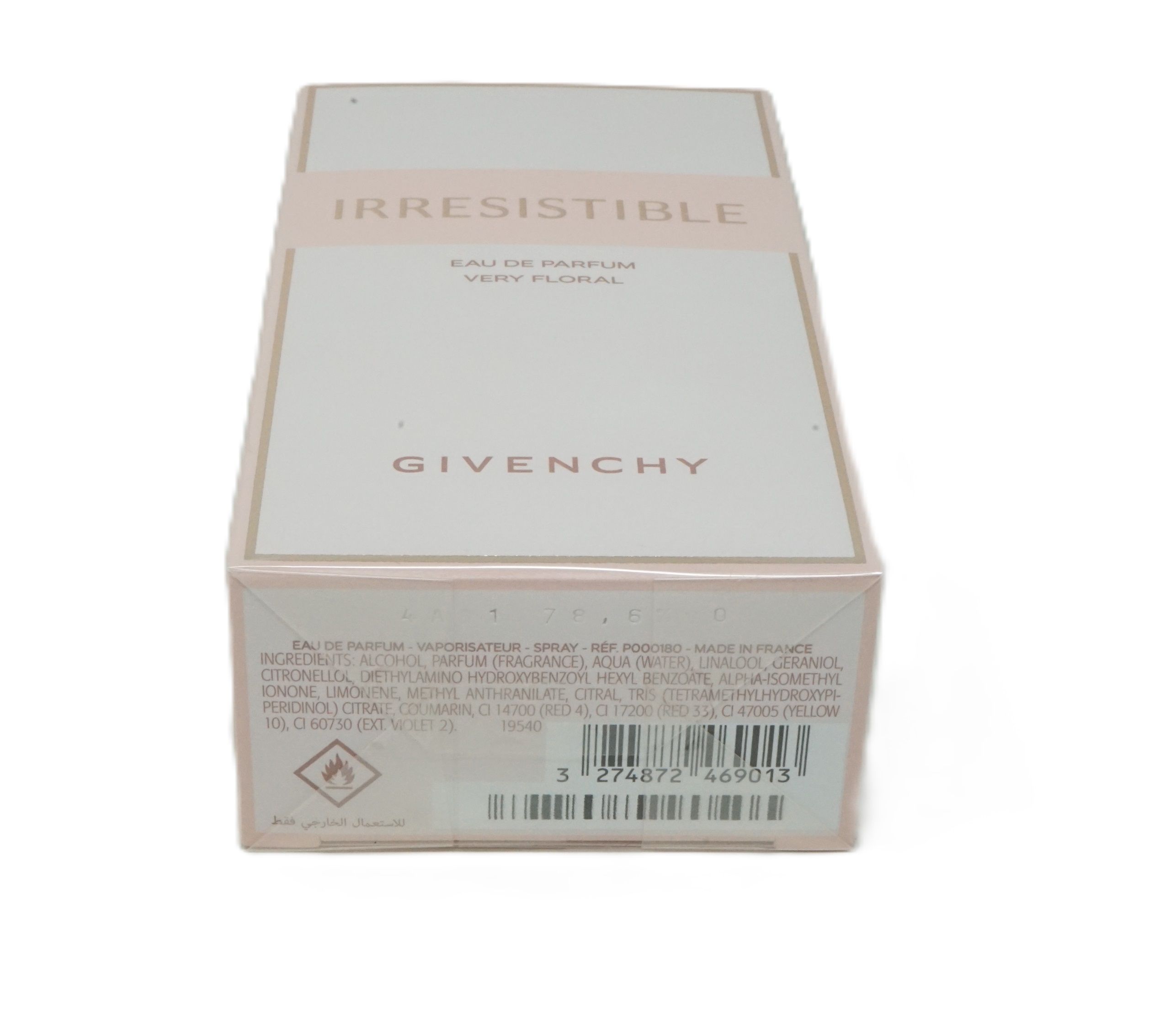 Confezione Givenchy Irresistible Very Floral Eau de Parfum. Retro con testo e codice a barre.